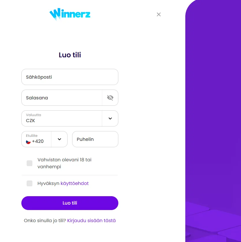Winnerz Casino tilin rekisteröintilomake