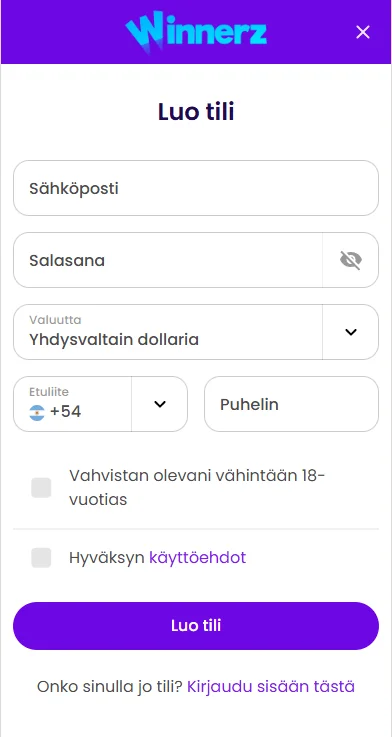 Winnerz casino Suomi mobiilisovellus tilin rekisteröintilomake