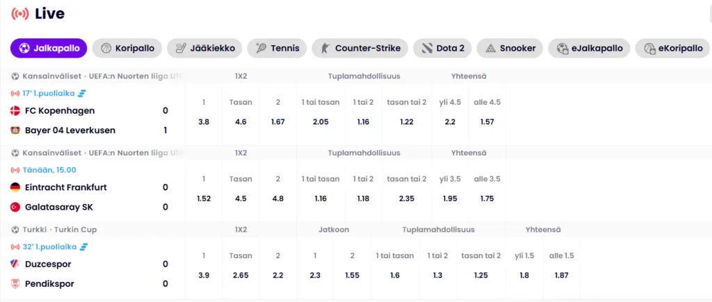 Reaaliaikaiset kertoimet Winnerzissa